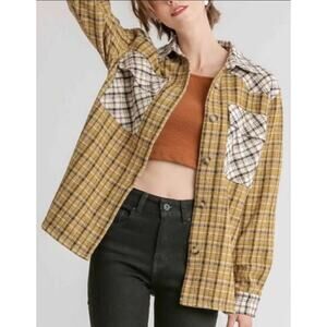 Umgee Mustard Yellow Plaid Block Patch Pockets Flannel Shirt Shacket XL